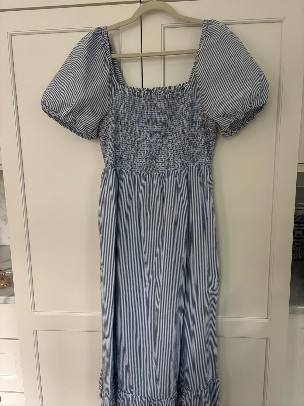 J. Crew Blue and White Striped Midi Dress with Puff Sleeves